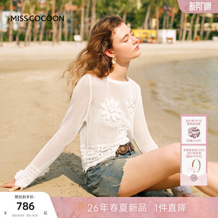 新款 MISS 2025秋季 针织衫 重工手工钩花毛衣 COCOON可可尼镂空长袖