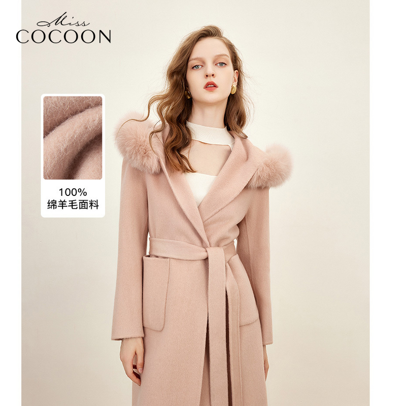 missCOCOON静奢风狐狸毛连帽双面羊毛大衣女2023秋冬新款毛呢外套