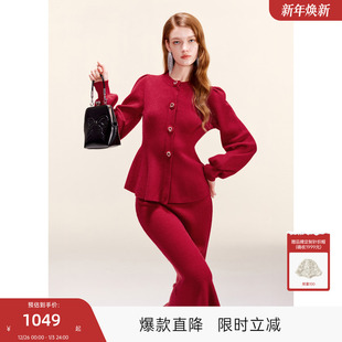 套装 MISSCOCOON可可尼圆领红色连衣裙女2025秋冬新款 小香风时尚