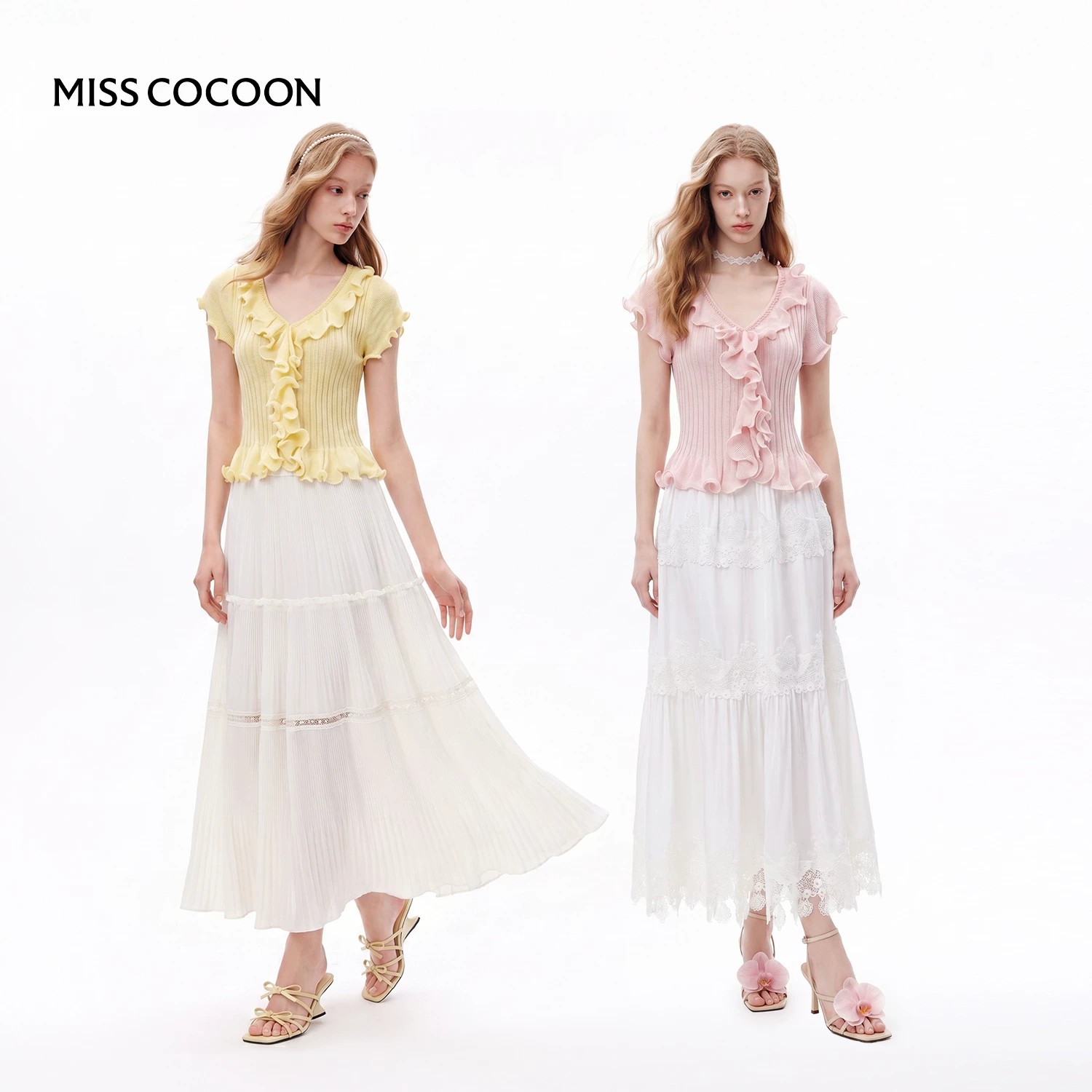 【七七酱专享】MISSCOCOON可可尼粉色v领修身短袖荷叶边针织