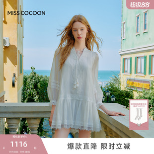 可可尼V领长袖白色裙子女26夏新款清新莱赛尔连衣裙