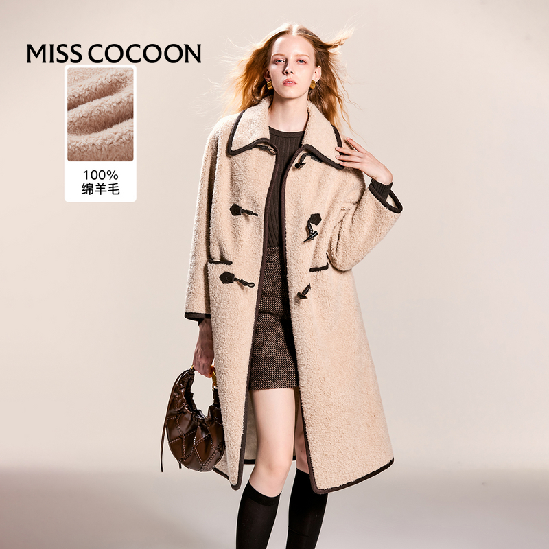 可可尼cocoon羊毛皮草外套女小个子2024冬季新款牛角扣复古大衣