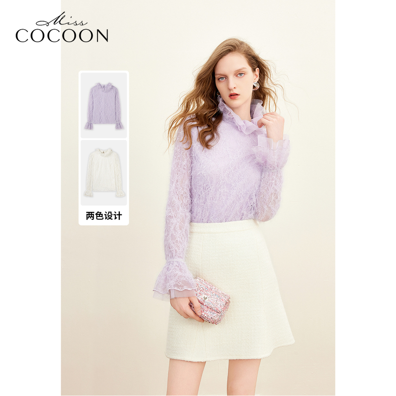 missCOCOON时尚百搭气质上衣2023冬装新款女装花边领设计感雪纺衫
