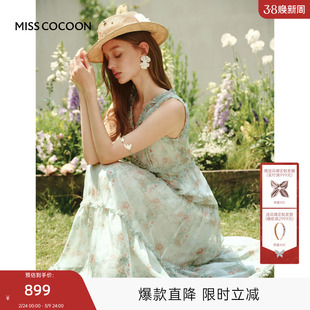 MISSCOCOON可可尼无袖白色连衣裙女款2025年新款雪纺V领碎花长裙