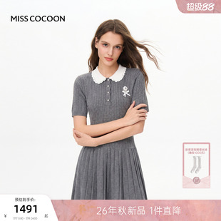 MISSCOCOON可可尼娃娃领针织裙子女26早秋新款收腰百褶棉质连衣裙