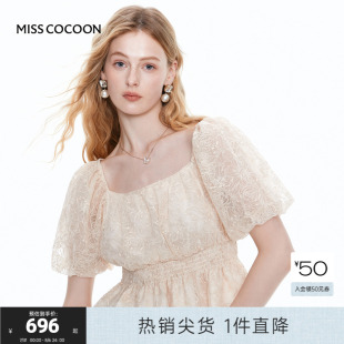 法式 上衣女2025夏季 MISS 新款 雪紡衫 COCOON可可尼泡泡袖 蕾絲短袖