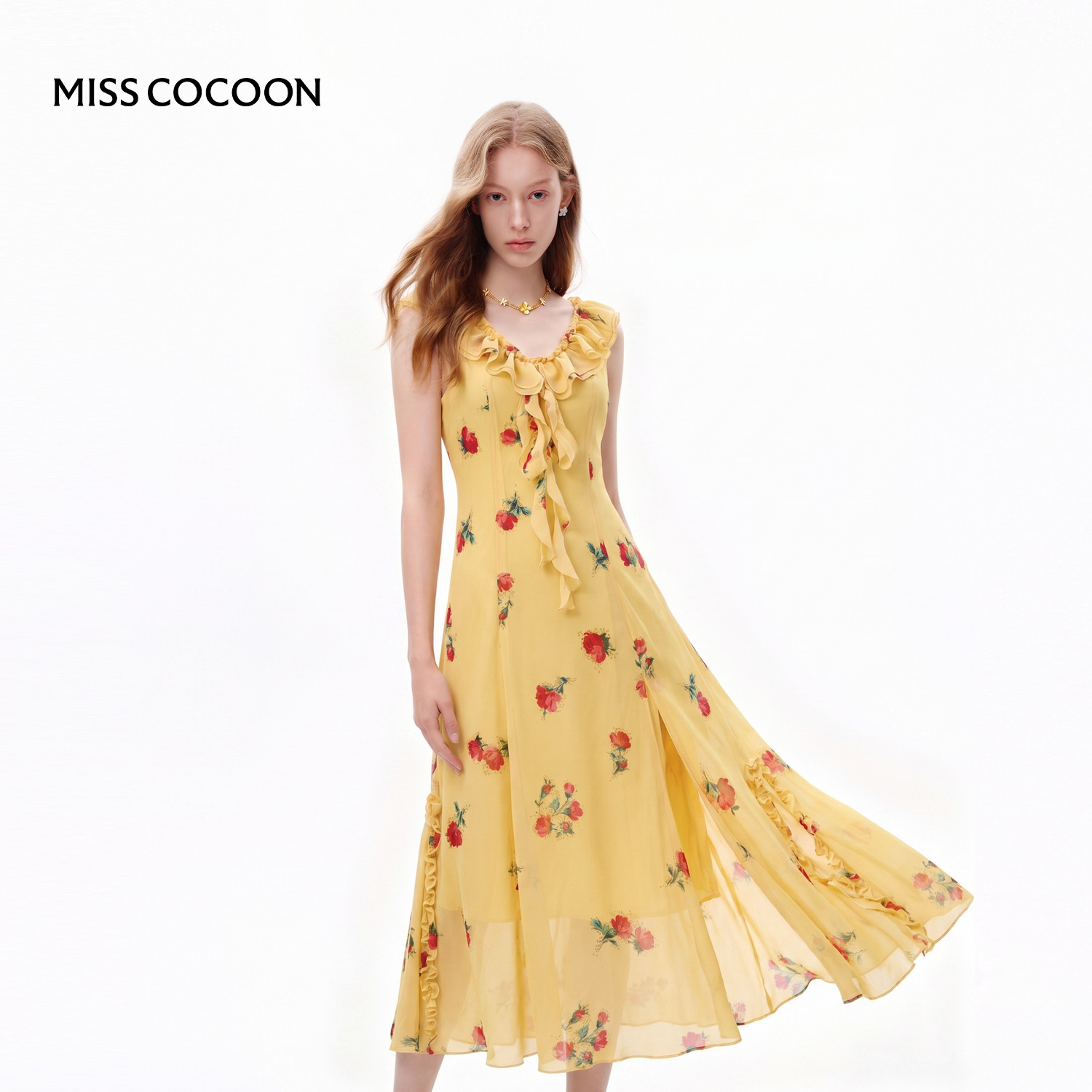 MISSCOCOON可可尼黄色垂感v领裙子女26夏新款法式玫瑰印花连衣裙