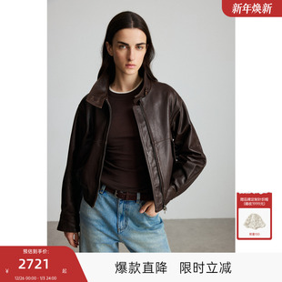 MISSCOCOON可可尼C3系列深棕色羊皮美式 立领显瘦气质短夹克外套女