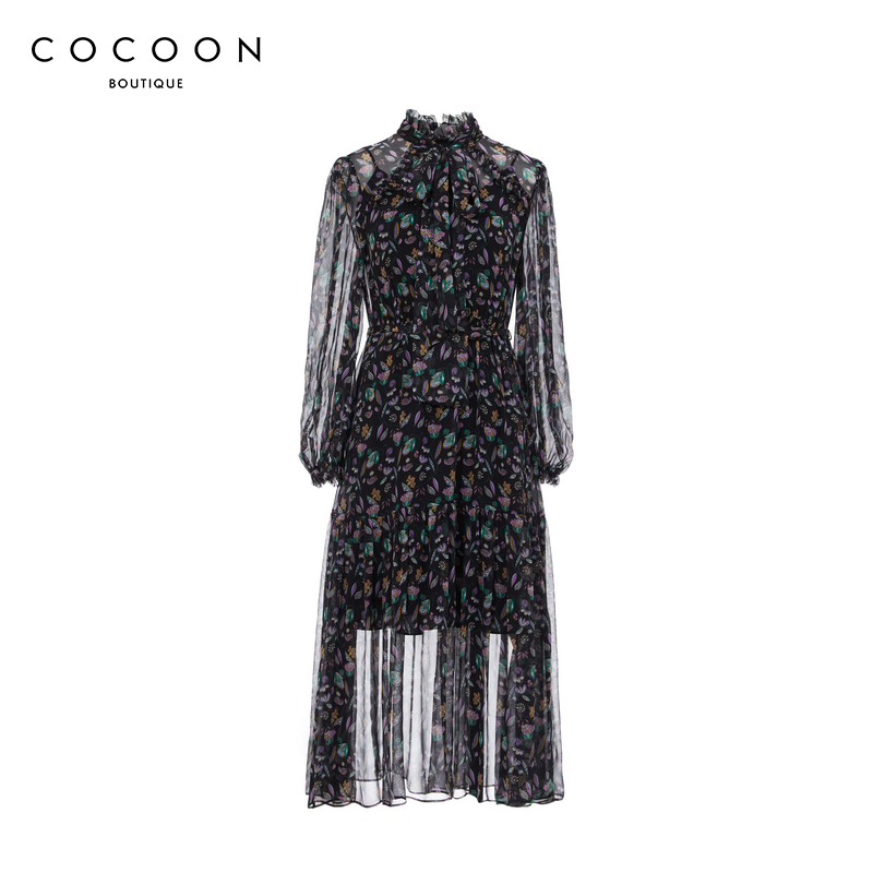 100%桑蚕丝 商场同款 可可尼COCOON秋冬新款女装小碎花裙