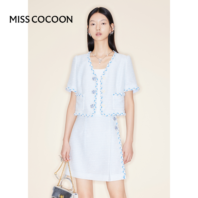 COCOON商场同款2024夏季小香风软呢外套V领编织拼接泡泡袖上衣女