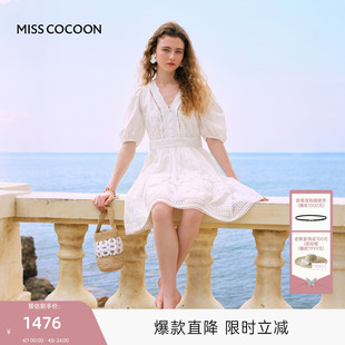 李兰迪同款 度假蕾丝连衣裙女2025秋季 新款 镂空小白裙 可可尼法式