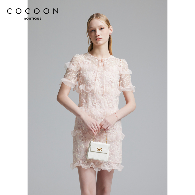 商场同款 可可尼COCOON2025秋季新款宫廷风花卉蕾丝浪漫连衣裙女