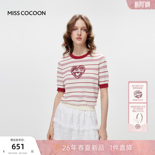 复古棉质毛针织衫 MISSCOCOON可可尼撞色条纹短袖 T恤女2026春新款