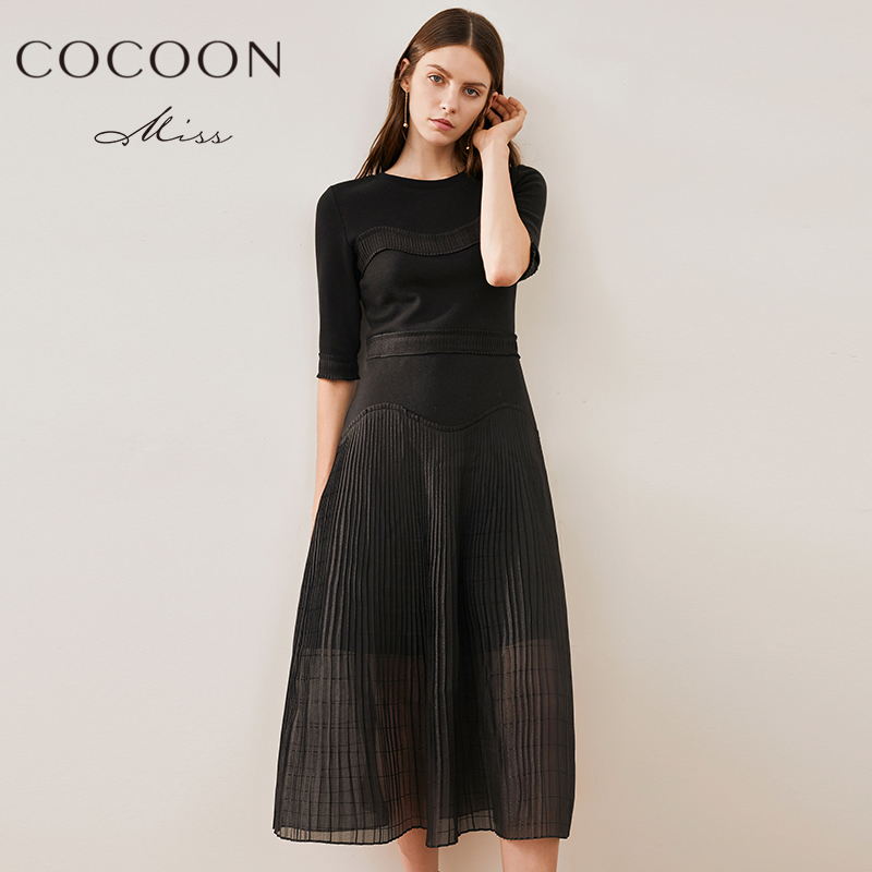 miss COCOON2018秋裝新品女裝休閑寬松高腰褶皺網紗連衣裙長裙