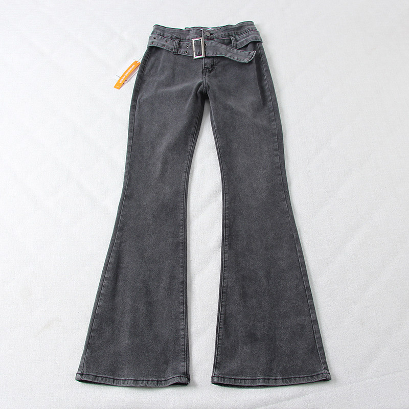欧美风ins街拍腰带灰色喇叭牛仔裤女加长高个子170微喇拖地裤长裤