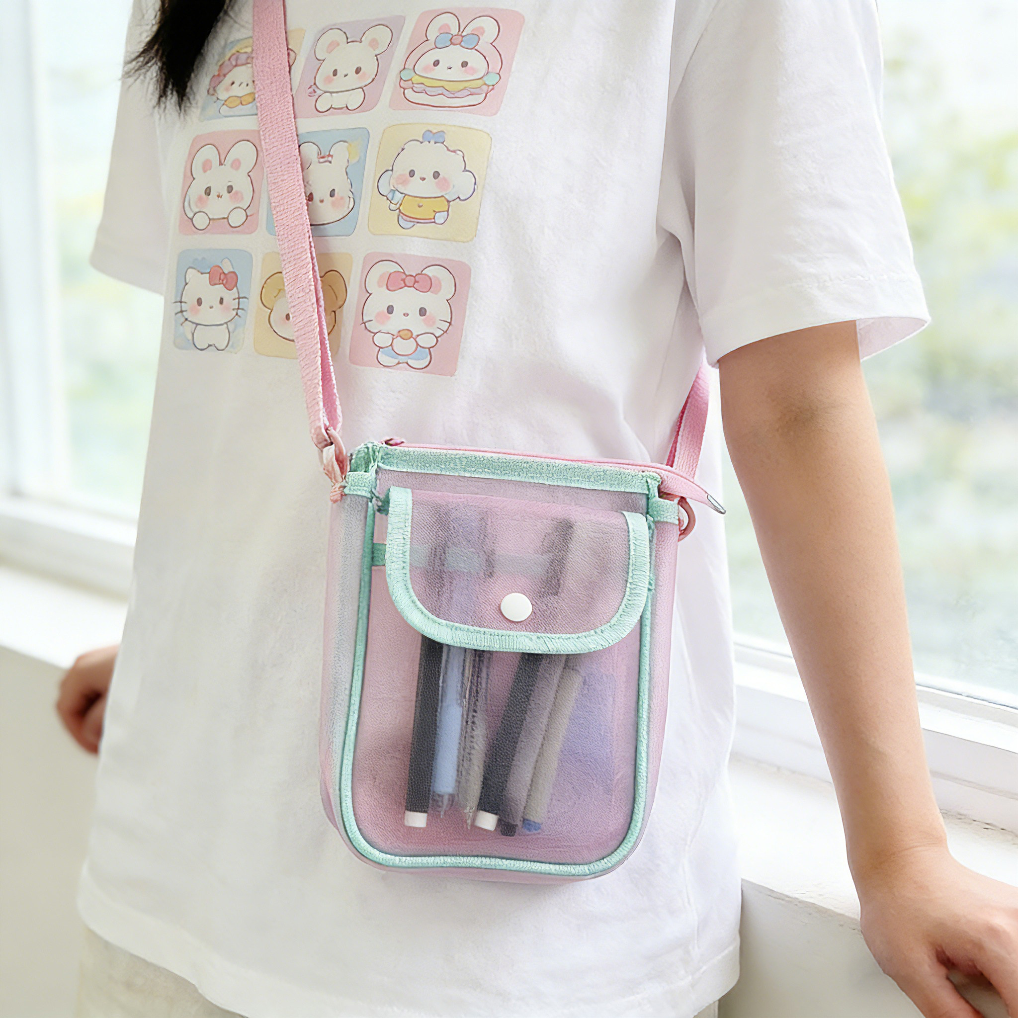 轻透网纱斜挎包手提单肩多用学生文具收纳包马卡龙撞色便携小包包