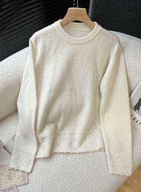 above deck蕾丝花边镂空100%棉羊毛针织打底衫圆领纯色高品质毛衣