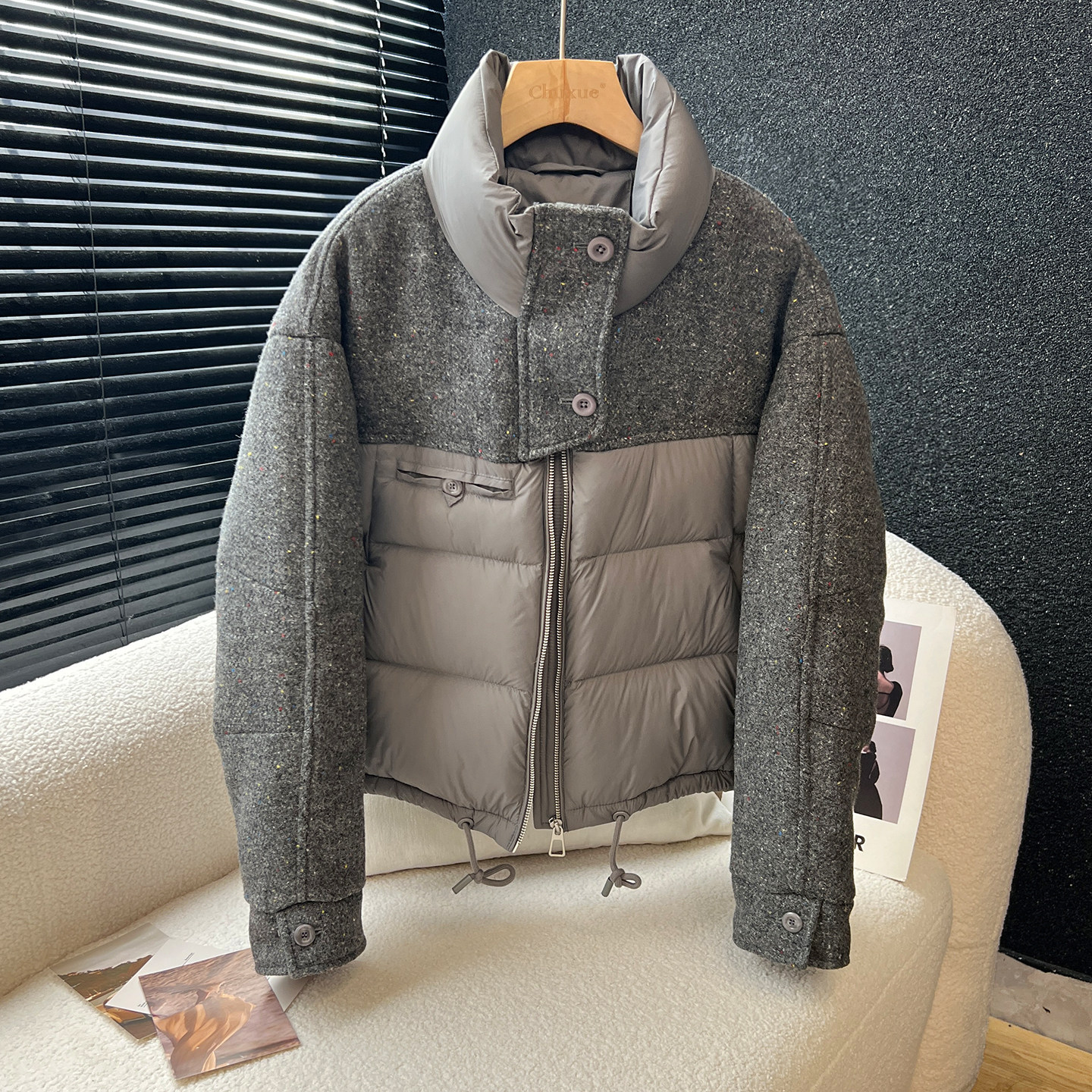 above deck毛呢拼接羽绒服女短款高端欧货立领90白鸭绒设计感外套,女装/女士精品,羽绒服,淘宝优惠券,粉丝福利购,淘宝优惠卷