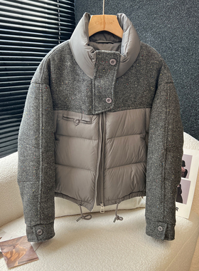 above deck毛呢拼接羽绒服女短款高端欧货立领90白鸭绒设计感外套