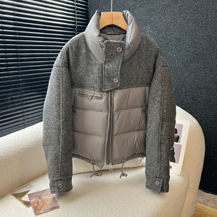 above deck毛呢拼接羽绒服女短款高端欧货立领90白鸭绒设计感外套