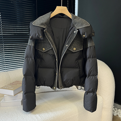 牛仔拼接脱卸帽羽绒服女