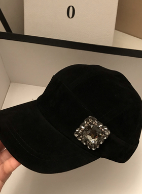麂皮绒拼接皮帽檐棒球帽女秋冬百搭宽檐鸭舌帽显脸小大头围帽子潮