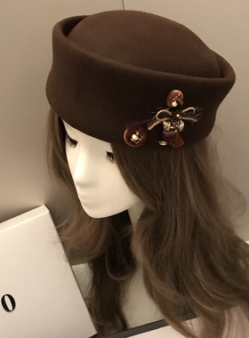 秋冬新款羊毛呢英伦复古空姐药盒帽无檐圆顶赫本小礼帽小众药盒帽