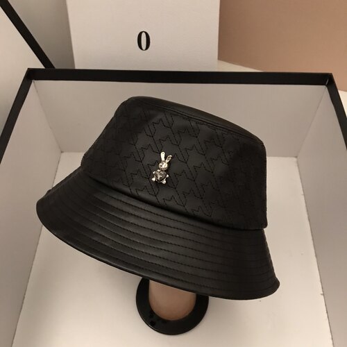 韩版秋冬菱形格pu皮质盆帽百搭显脸小黑色千鸟格水桶帽渔夫帽女潮