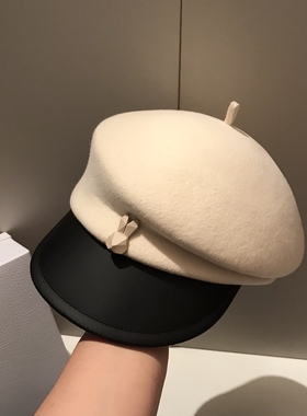 秋冬新品网红MONA张绮贤同款黑白色羊毛呢鸭舌帽贝雷帽报童帽女潮
