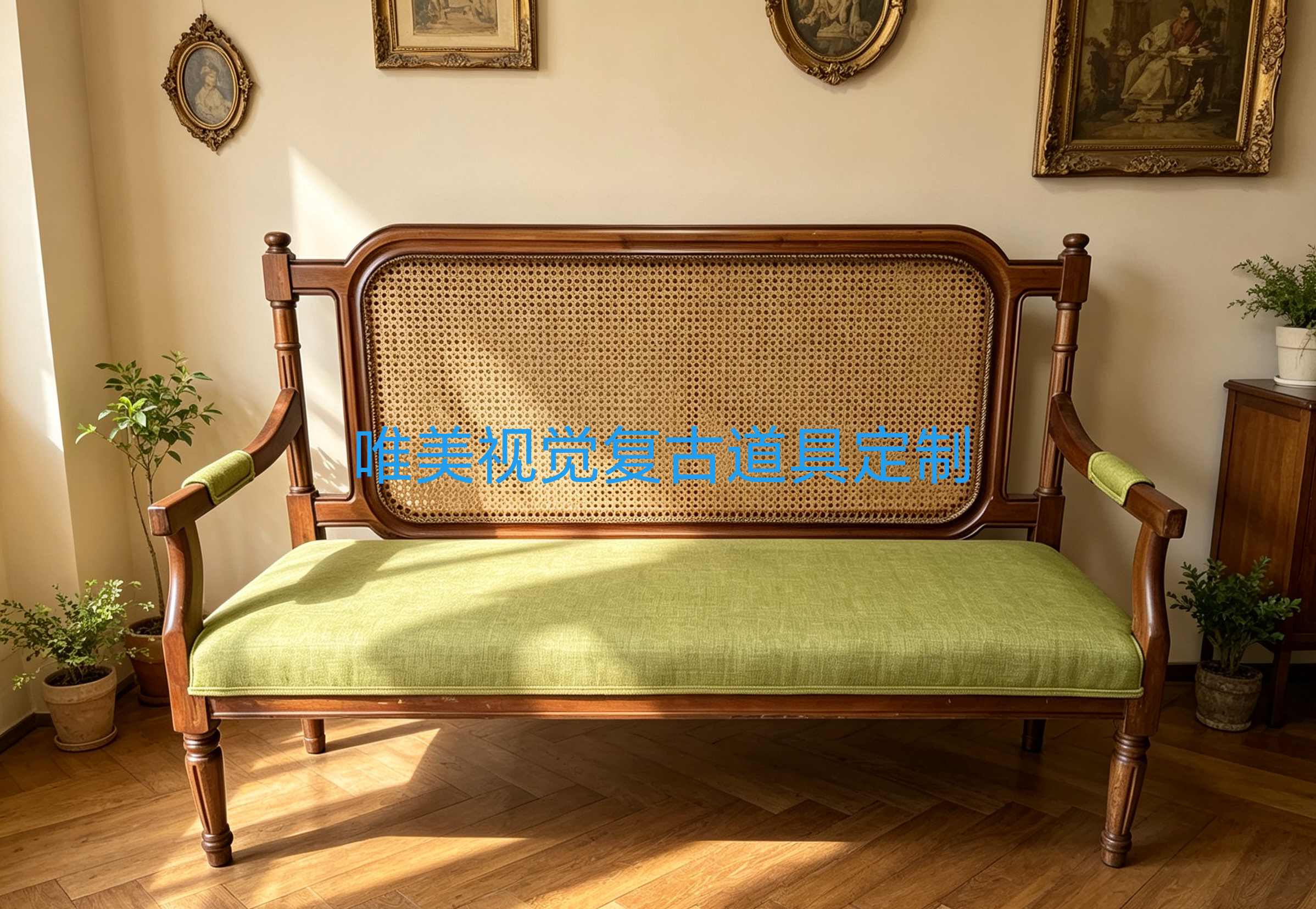 法式复古实木藤编沙发美式中古风客厅双人位沙发设计师款藤艺沙发
