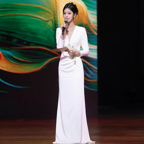 高端主持人舞台晚礼服演出服白色