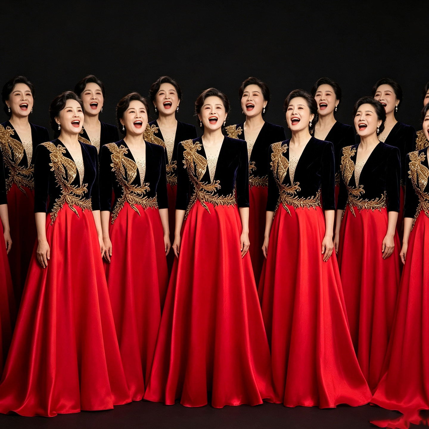 红色优雅深V七分袖女合唱晚礼服图片