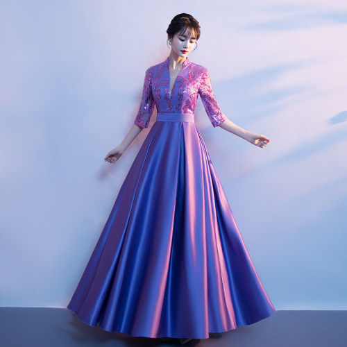 演出晚礼服v领长款大气女主风