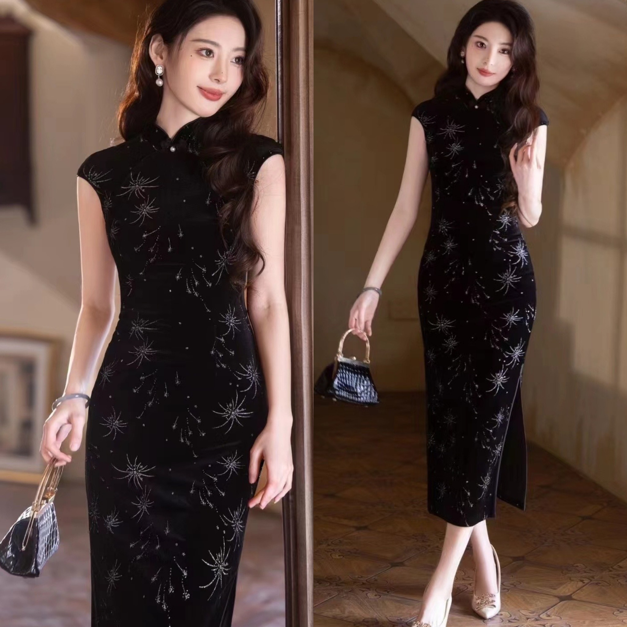 黑色旗袍2025新款女新中式连衣裙夏季复古修身高级感丝绒国风女装