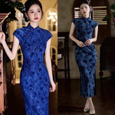 新中式蓝色旗袍女民国老上海传统植绒高端优雅大气日常走秀演出服