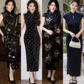 日常年轻款 2026春夏新款 显瘦连衣裙 钻石绒旗袍改良新中式 复古短袖