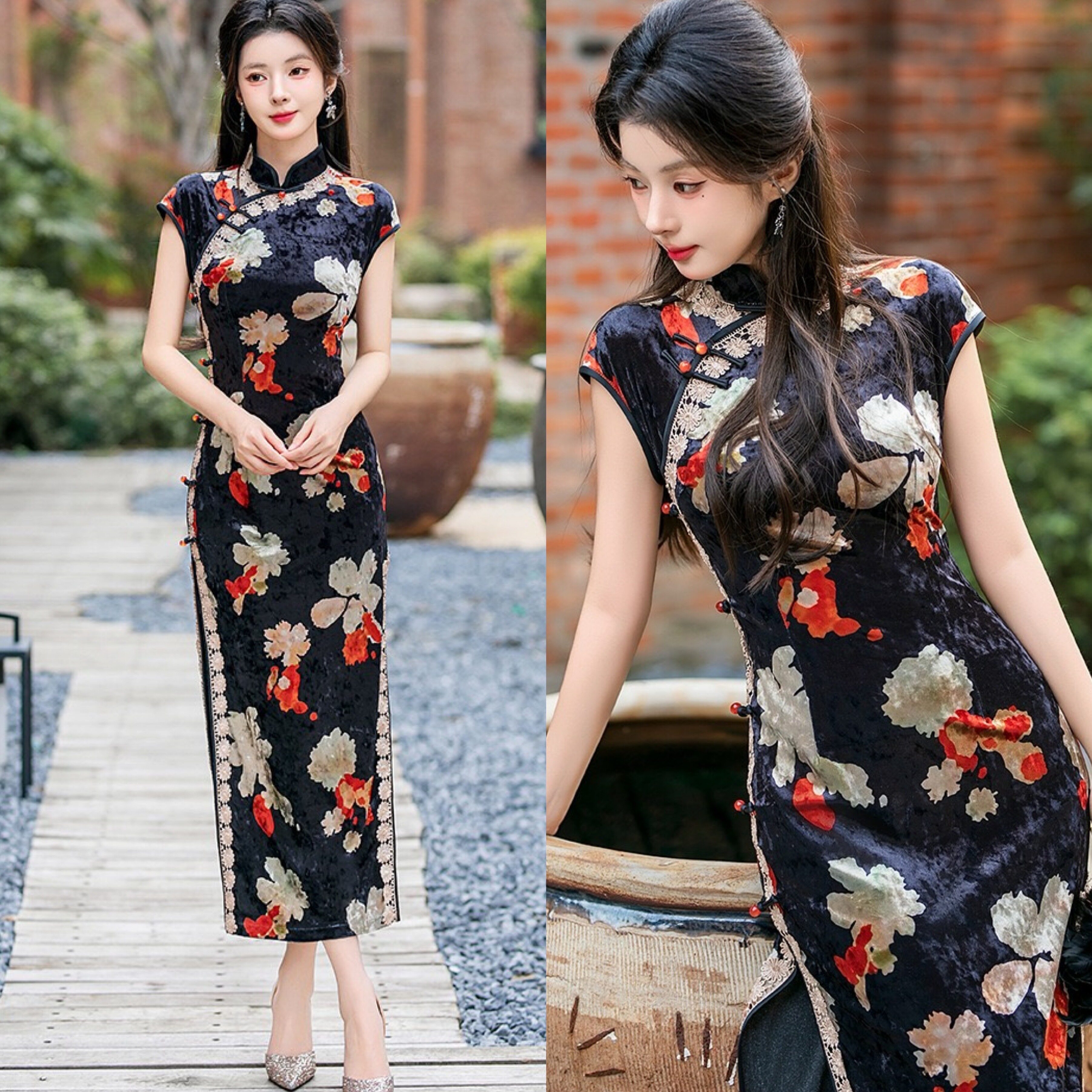 老上海传统金丝绒印花旗袍女中国风高端优雅大气改良日常走秀演出