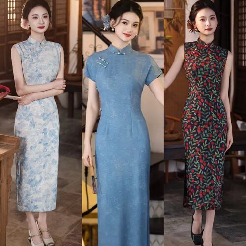 蓝色素雅旗袍夏季少女新中式2026新款上班可以穿的气质连衣裙高端