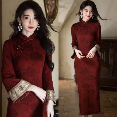 国风旗袍红色长袖2025新款女新中式改良年轻款复古高端连衣裙秋冬