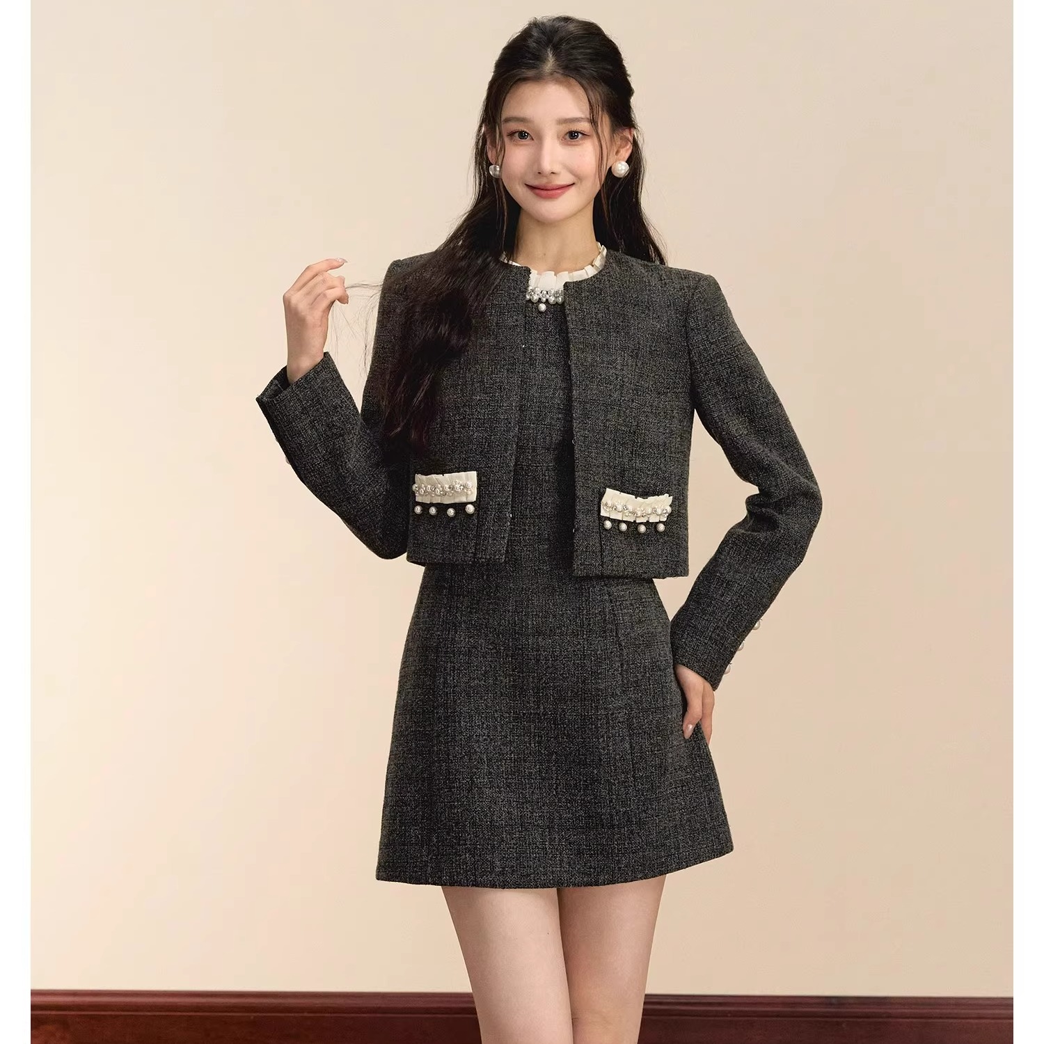 小香风钉珠外套背心连衣裙两件套