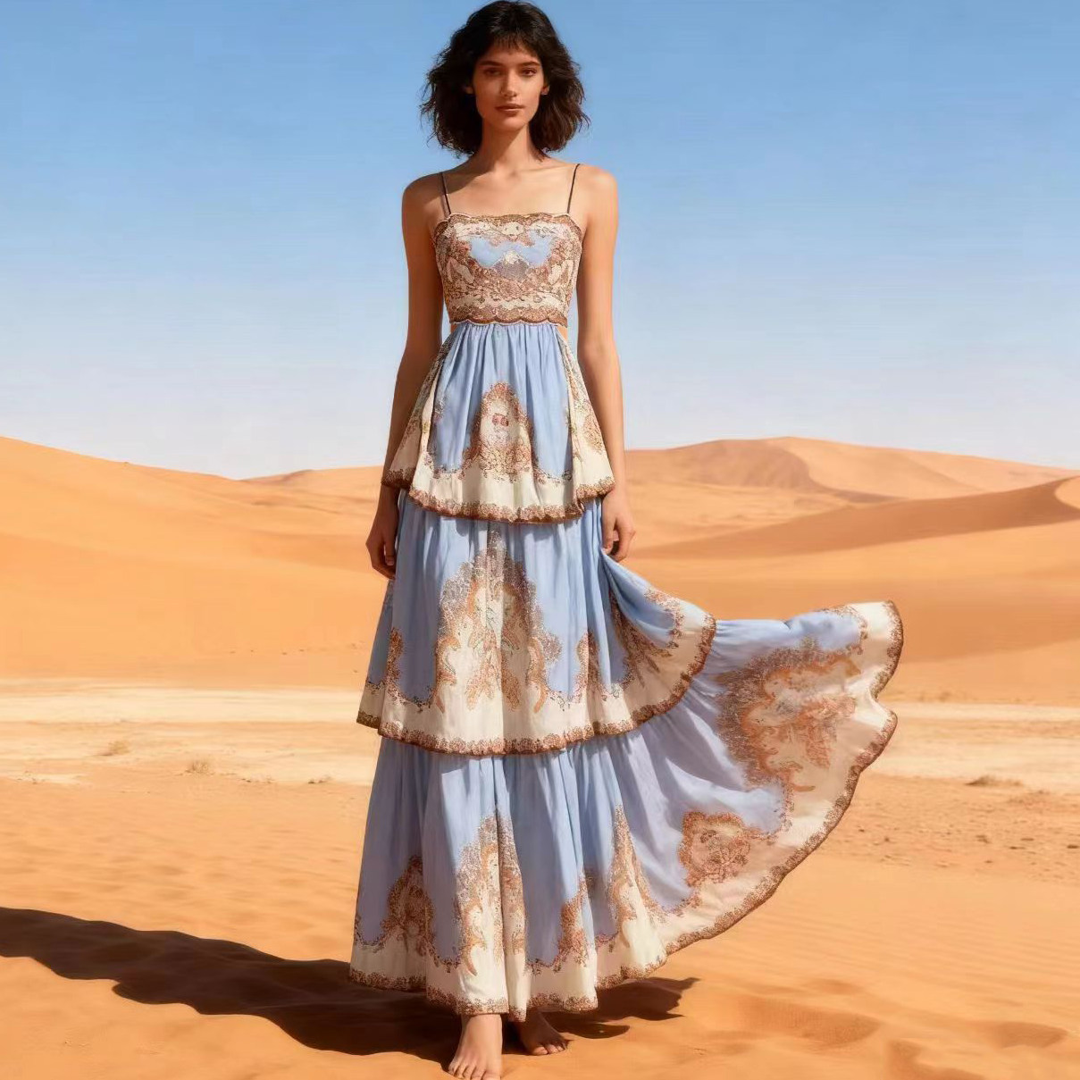 澳洲小众复古印花吊带连衣裙性感露背绑带蛋糕长裙海边沙滩度假裙,女装/女士精品,连衣裙,淘宝优惠券,粉丝福利购,淘宝优惠卷