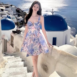 澳洲小众复古印花吊带连衣裙收腰显瘦蓬蓬a字公主短裙气质晚礼服