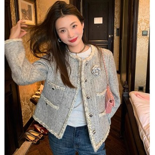 法式重工小香风外套气质千金亮丝灰色编织毛呢外套小个子开衫上衣