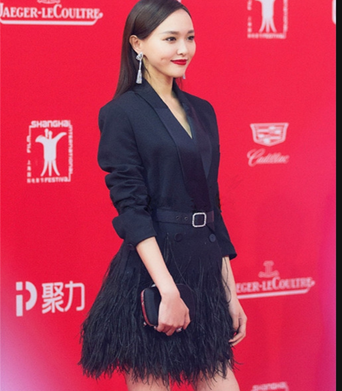 唐嫣同款黑色长袖西装连衣裙轻奢气质修身羽毛西服外套宴会晚礼服