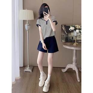 风格 欧洲站连帽蓝色条纹休闲时尚 夏季 女装 减少年龄两件 2025年新