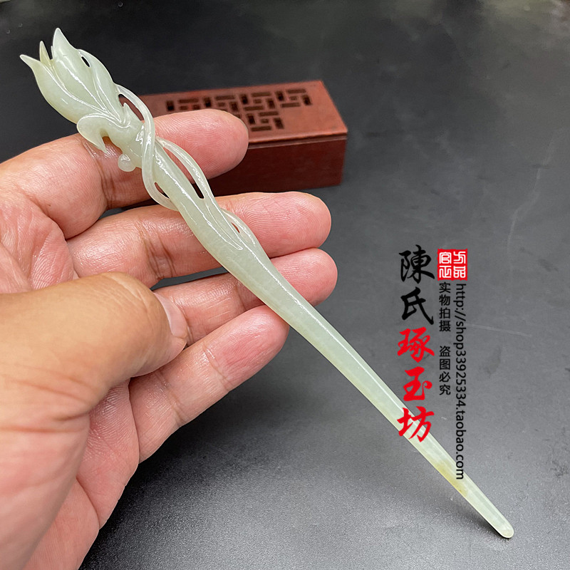 和田玉青白玉玉兰花簪子头饰发饰真玉玉簪子古风汉服花雕镂空发钗