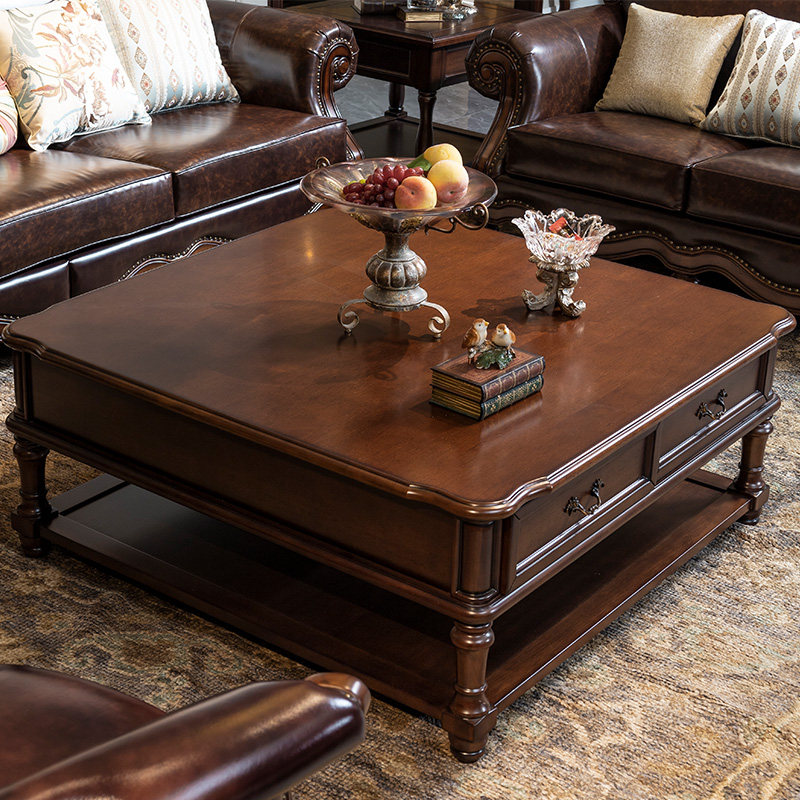 美式实木烤漆茶几带抽正方形茶几欧式简约复古客厅胡桃木家具整装