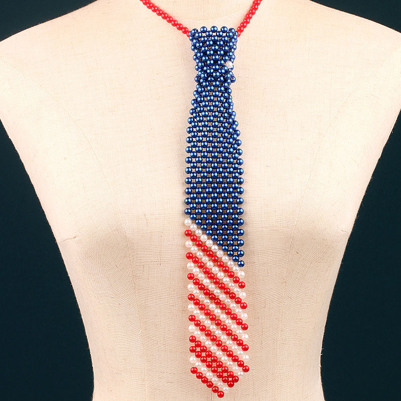 新品珍珠串珠彩色领带项链时尚潮流手工编织男女通用配饰