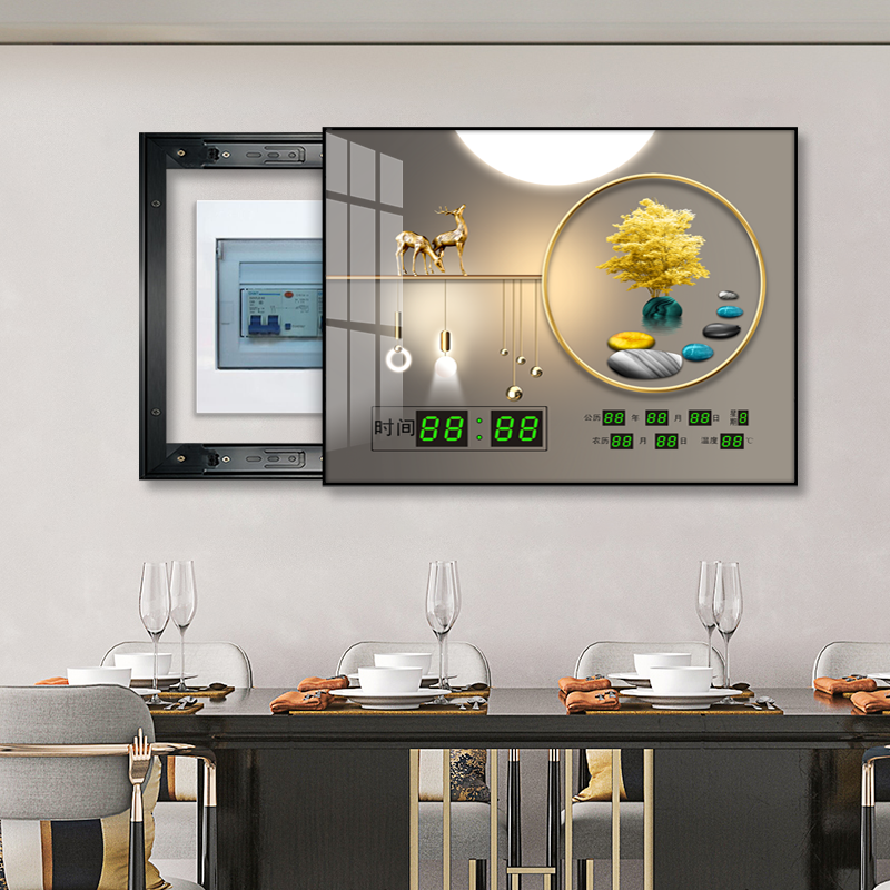 电表箱装饰画带时钟万年历可推拉现代简约配电箱电闸开关遮挡壁画