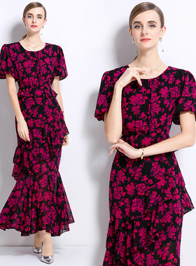 新款法式莉香风浅收腰优雅印花连衣裙设计感长裙